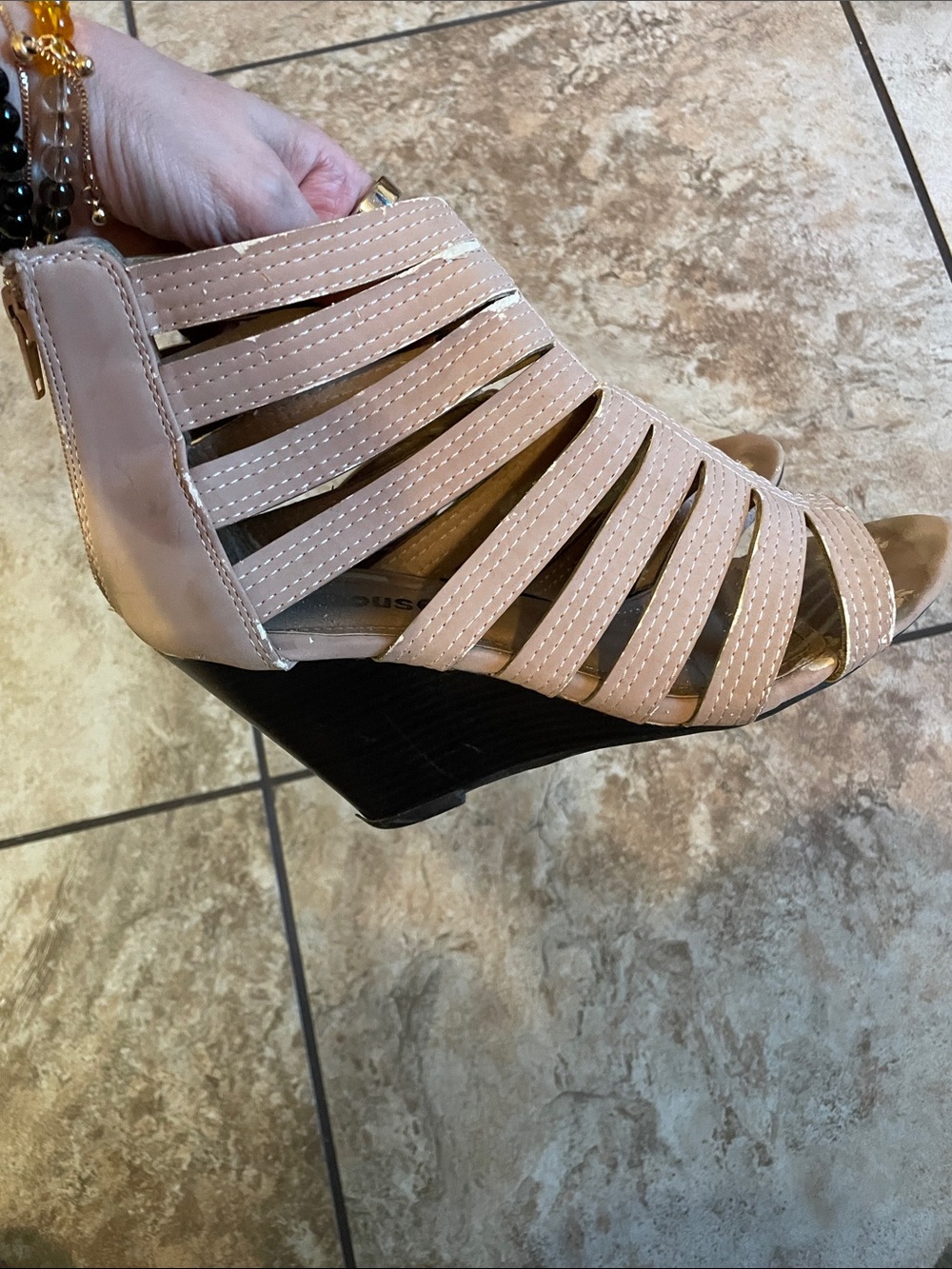 Wedge Strappy Peep-Toe Sandals in Nude